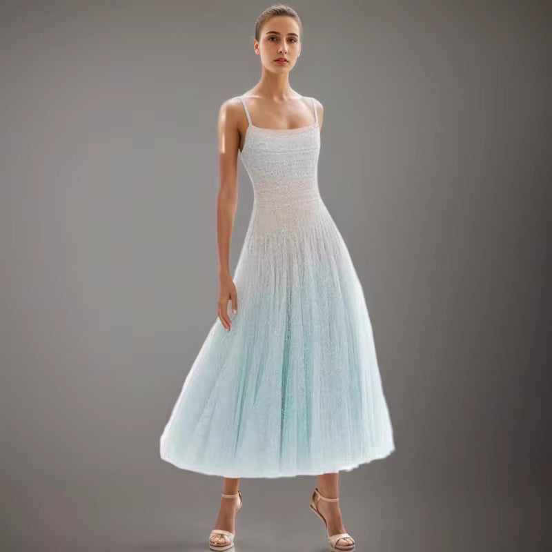 Casual Strapless High Waist Sequined Lace Mesh Strapless Maxi Dress