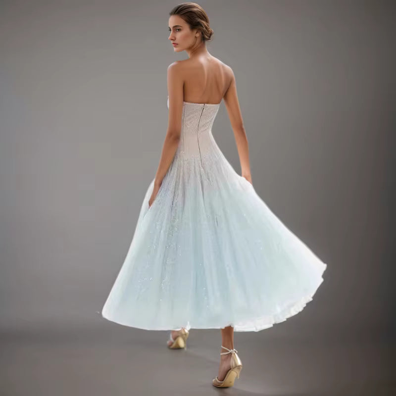 Casual Strapless High Waist Sequined Lace Mesh Strapless Maxi Dress