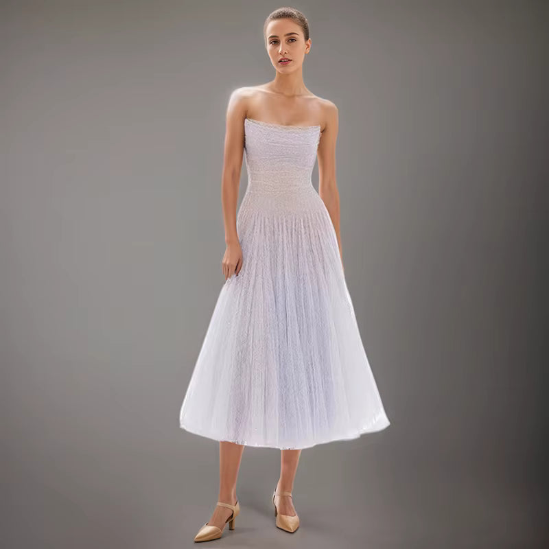 Casual Strapless High Waist Sequined Lace Mesh Strapless Maxi Dress