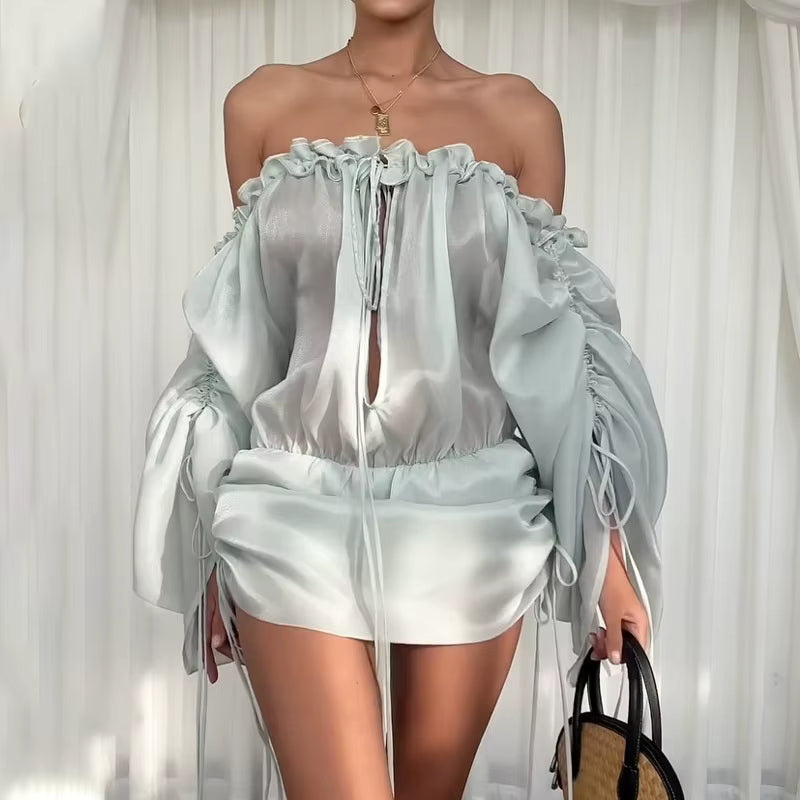 Casual Strapless Hollow Backless Sheer Slash Neck Ruffles Super Mini Dress