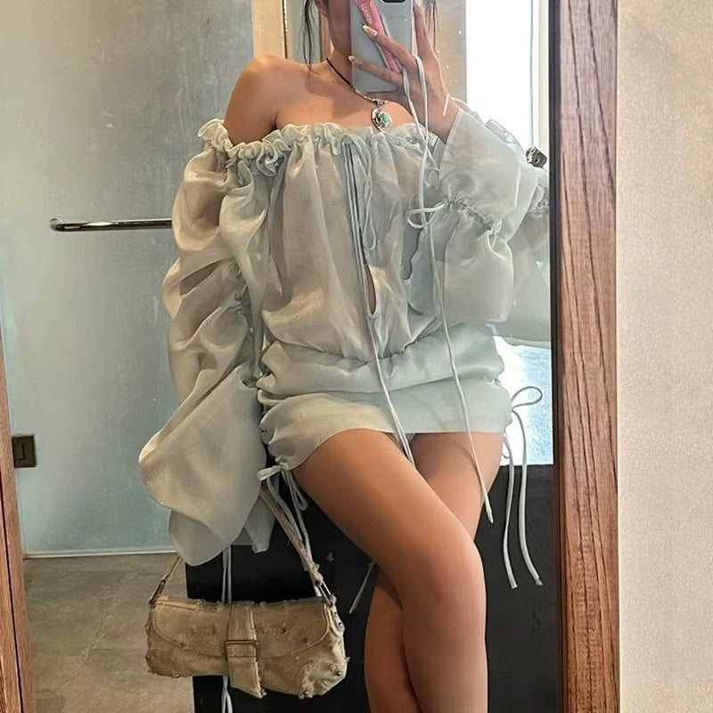 Casual Strapless Hollow Backless Sheer Slash Neck Ruffles Super Mini Dress