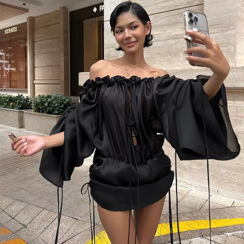 Casual Strapless Hollow Backless Sheer Slash Neck Ruffles Super Mini Dress