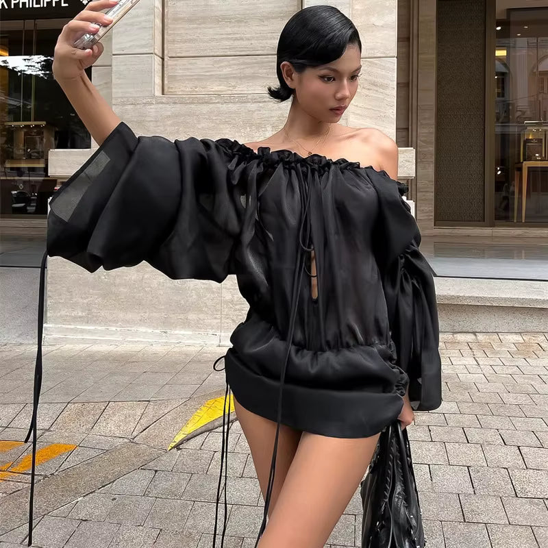 Casual Strapless Hollow Backless Sheer Slash Neck Ruffles Super Mini Dress