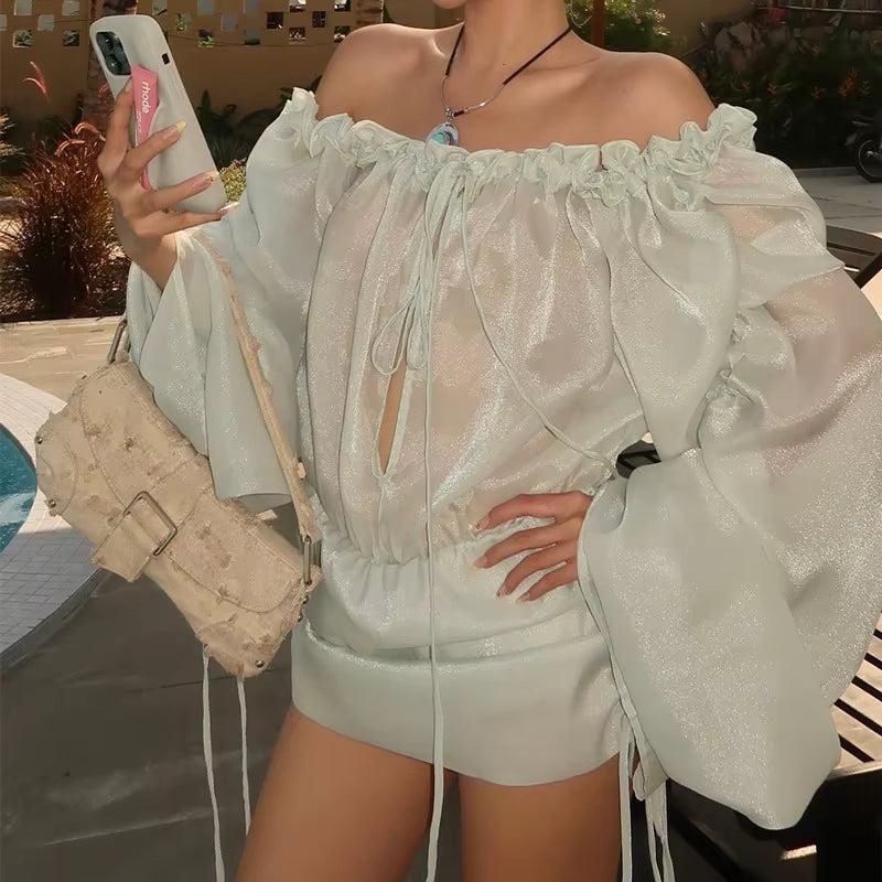 Casual Strapless Hollow Backless Sheer Slash Neck Ruffles Super Mini Dress