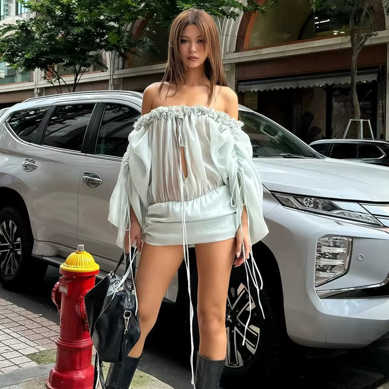 Casual Strapless Hollow Backless Sheer Slash Neck Ruffles Super Mini Dress