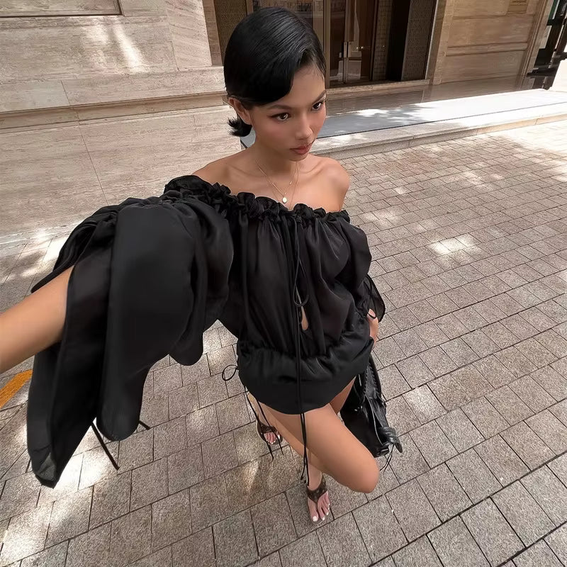 Casual Strapless Hollow Backless Sheer Slash Neck Ruffles Super Mini Dress