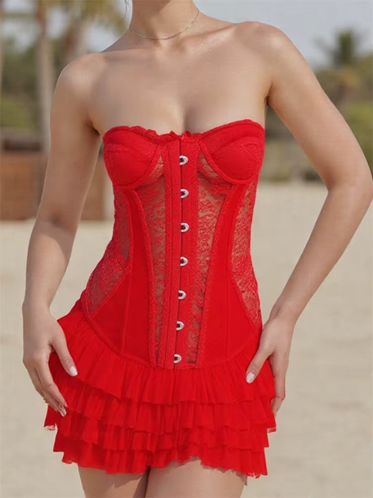 Casual Strapless Off Shoulder Streetwear Layered Ruffles Mini Dress