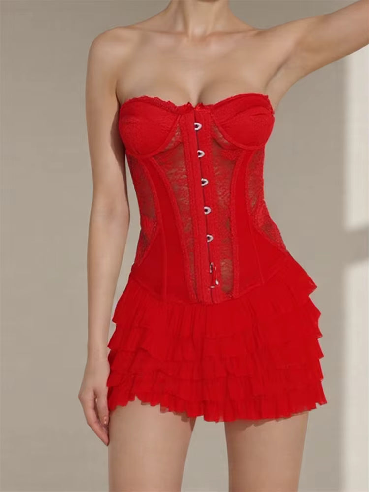 Casual Strapless Off Shoulder Streetwear Layered Ruffles Mini Dress
