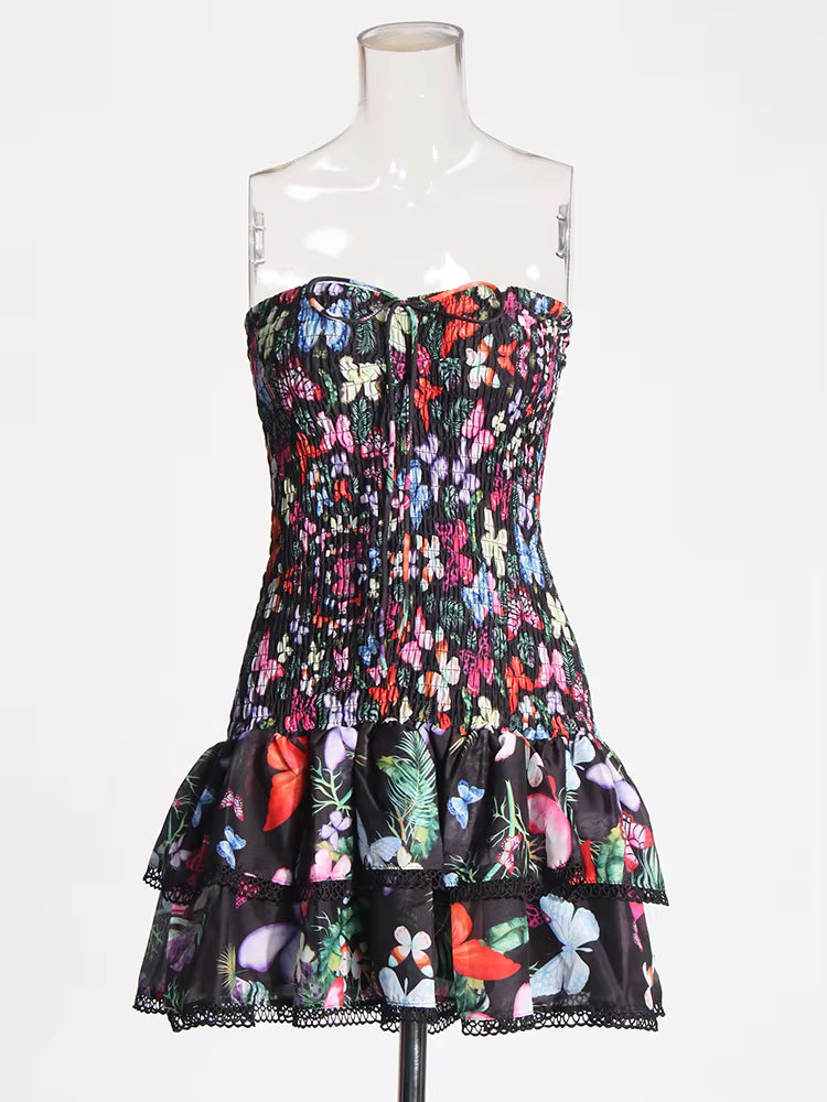 Casual Strapless Sleeveless High Waist A-Line Slimming Printing Mini Dress