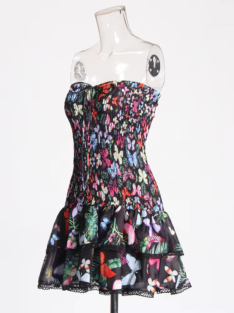 Casual Strapless Sleeveless High Waist A-Line Slimming Printing Mini Dress