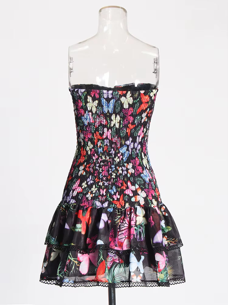 Casual Strapless Sleeveless High Waist A-Line Slimming Printing Mini Dress