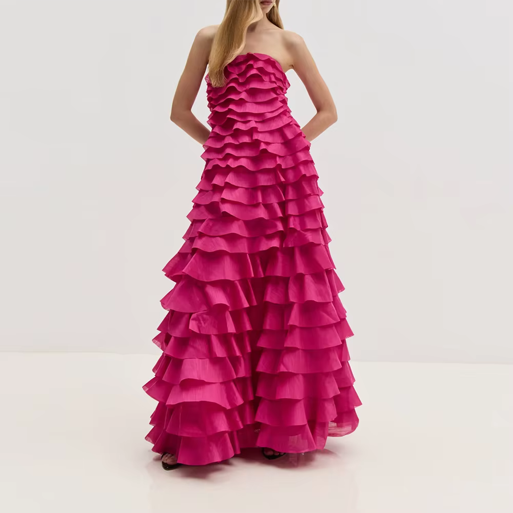 Elegant Strapless Sleeveless Patchwork Ruffles Fold Maxi Dress
