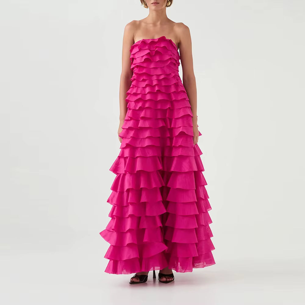 Elegant Strapless Sleeveless Patchwork Ruffles Fold Maxi Dress