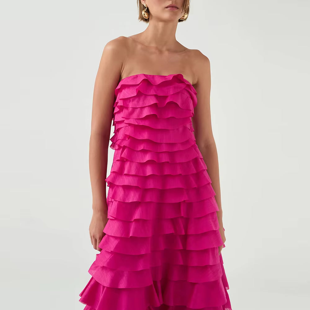 Elegant Strapless Sleeveless Patchwork Ruffles Fold Maxi Dress