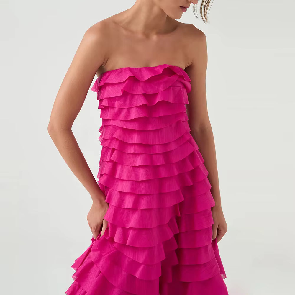Elegant Strapless Sleeveless Patchwork Ruffles Fold Maxi Dress