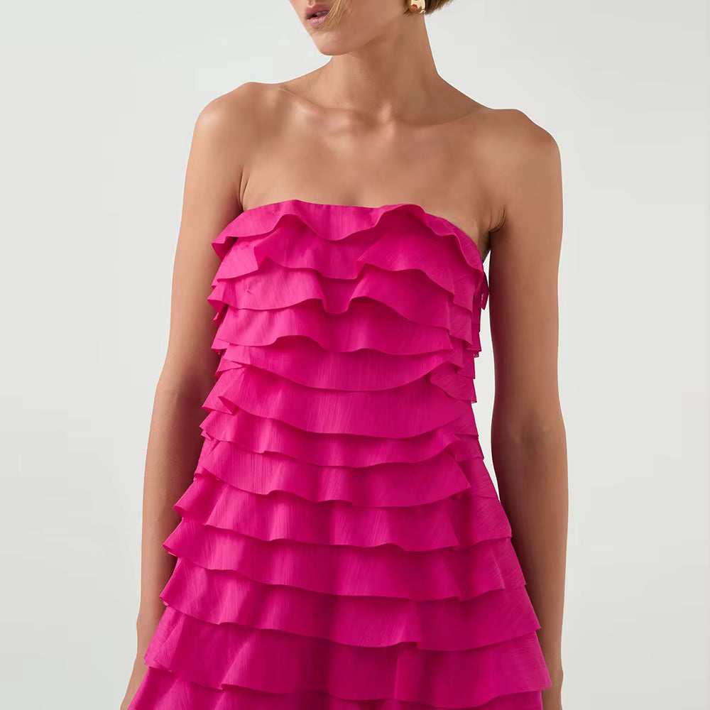 Elegant Strapless Sleeveless Patchwork Ruffles Fold Maxi Dress