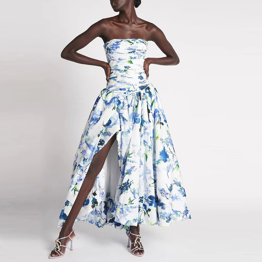 Casual Strapless Sleeveless Patchwork Ruffles Spliced Printing Maxi Dresses