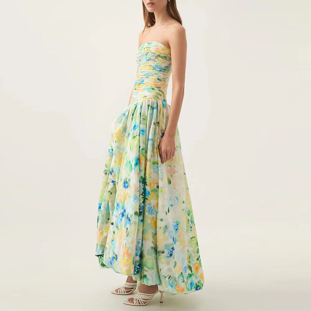 Casual Strapless Sleeveless Patchwork Ruffles Spliced Printing Maxi Dresses