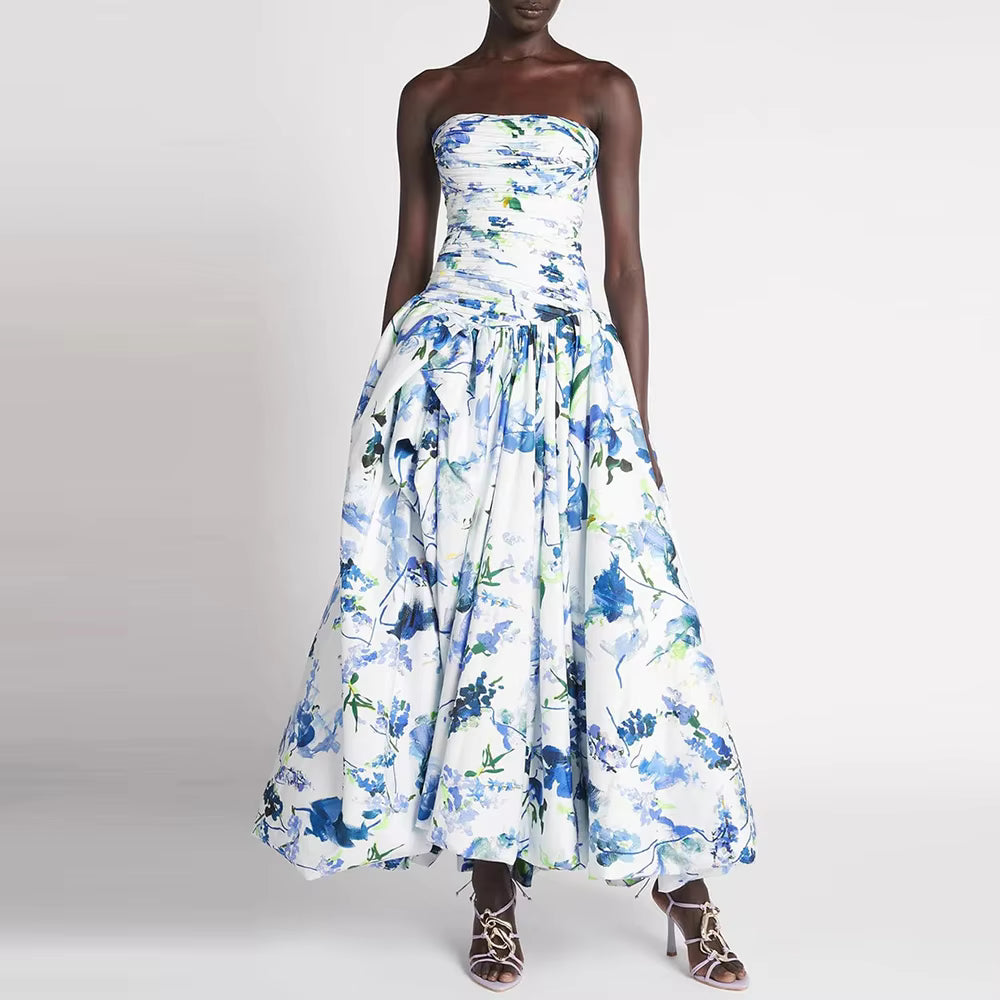 Casual Strapless Sleeveless Patchwork Ruffles Spliced Printing Maxi Dresses