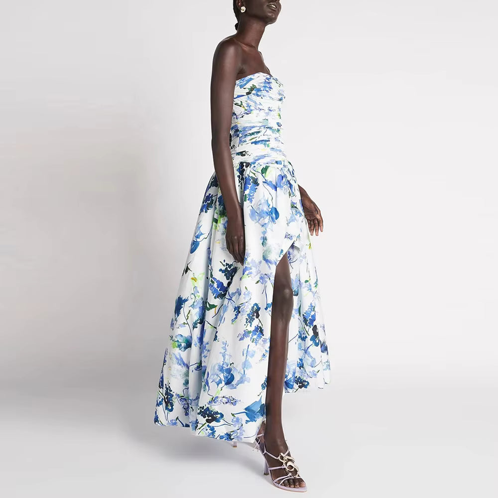 Casual Strapless Sleeveless Patchwork Ruffles Spliced Printing Maxi Dresses