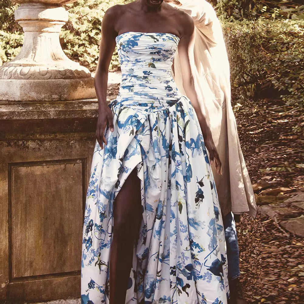 Casual Strapless Sleeveless Patchwork Ruffles Spliced Printing Maxi Dresses