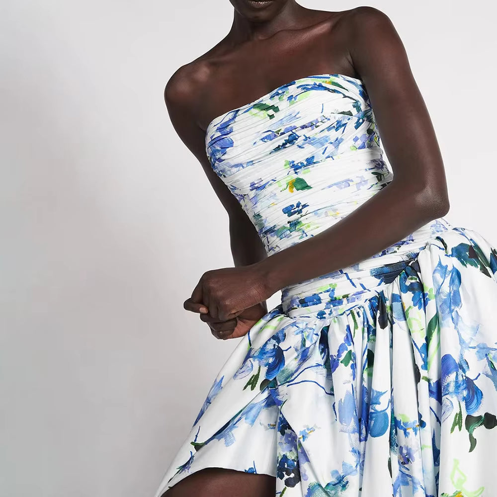 Casual Strapless Sleeveless Patchwork Ruffles Spliced Printing Maxi Dresses