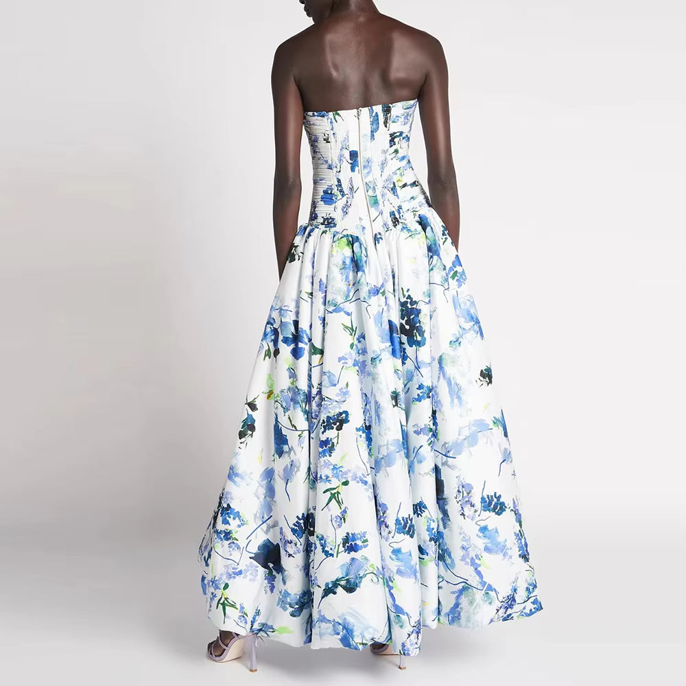 Casual Strapless Sleeveless Patchwork Ruffles Spliced Printing Maxi Dresses