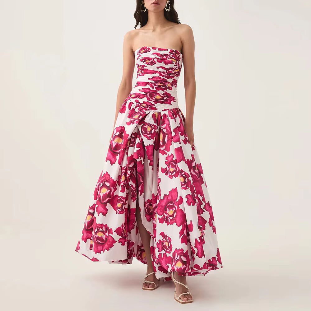 Casual Strapless Sleeveless Patchwork Ruffles Spliced Printing Maxi Dresses