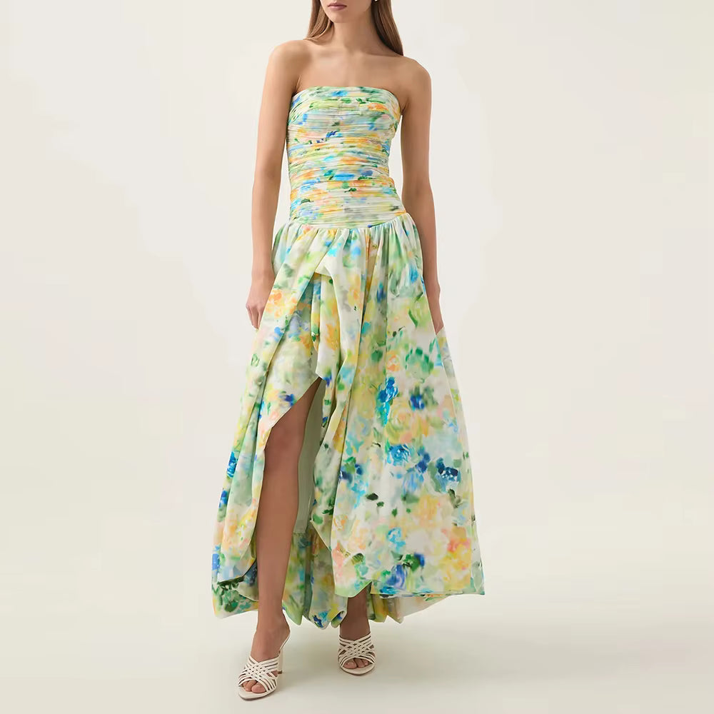 Casual Strapless Sleeveless Patchwork Ruffles Spliced Printing Maxi Dresses