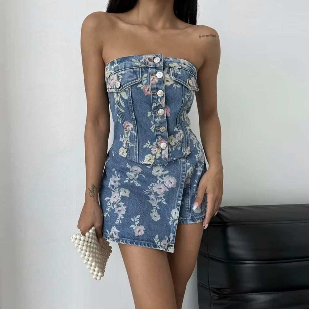 Casual Strapless Sleeveless Tops High Waist Slimming Mini Skirts Two Piece Sets