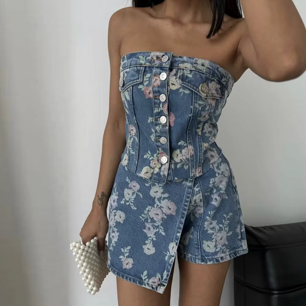 Casual Strapless Sleeveless Tops High Waist Slimming Mini Skirts Two Piece Sets