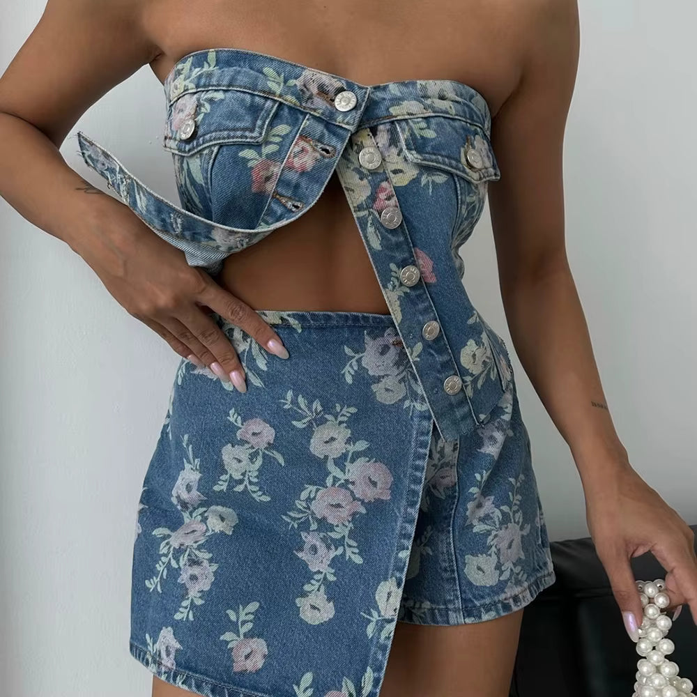 Casual Strapless Sleeveless Tops High Waist Slimming Mini Skirts Two Piece Sets