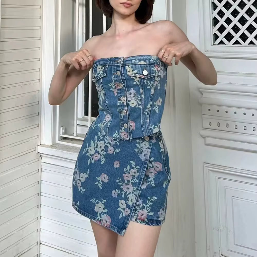 Casual Strapless Sleeveless Tops High Waist Slimming Mini Skirts Two Piece Sets
