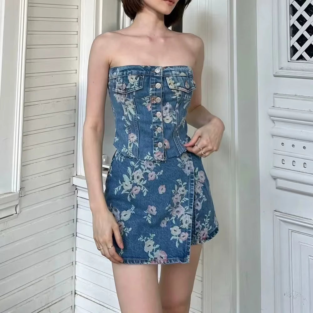 Casual Strapless Sleeveless Tops High Waist Slimming Mini Skirts Two Piece Sets