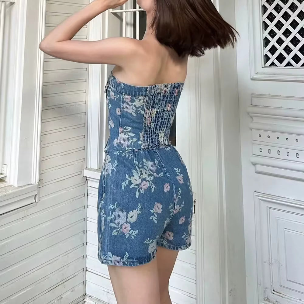 Casual Strapless Sleeveless Tops High Waist Slimming Mini Skirts Two Piece Sets