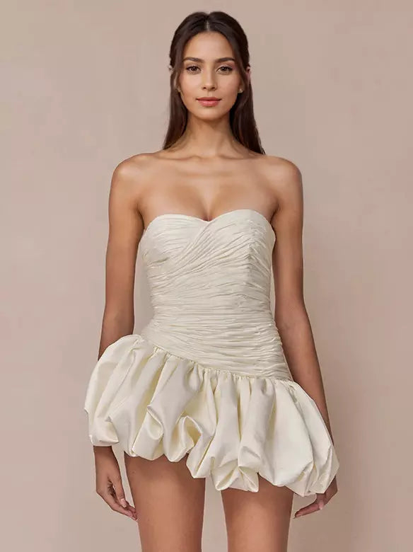 Casual Strapless Sweetheart Collar Draped Mini Dress