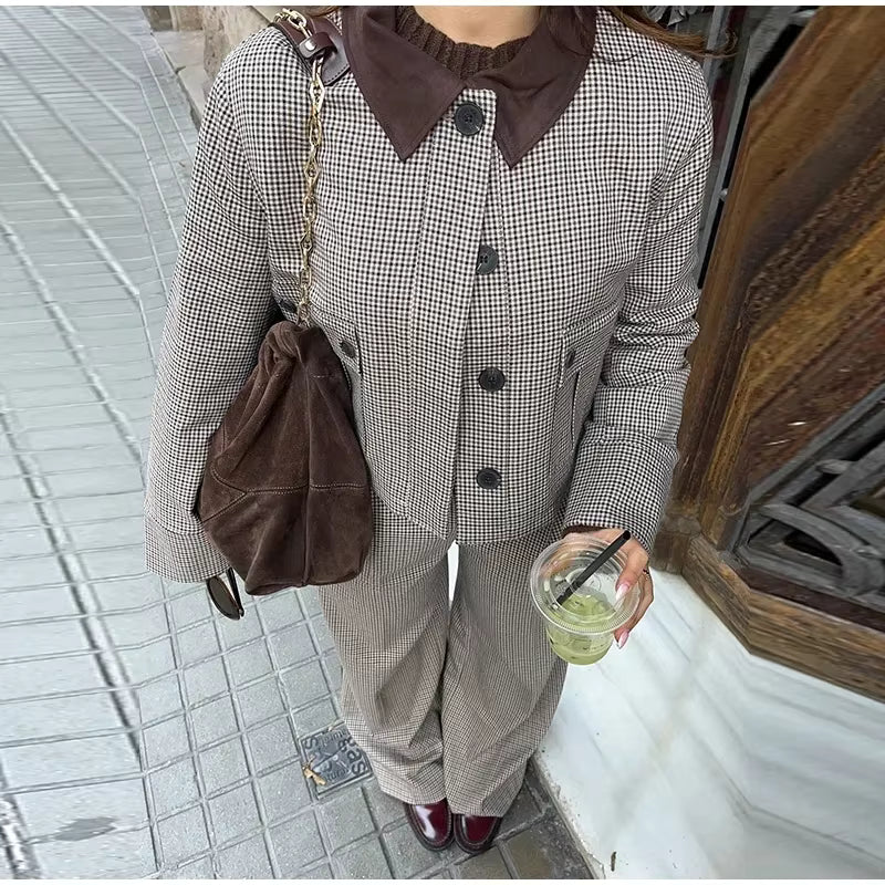 Casual Street Plaid Lapel Buttons Crop Jacket Short Pleated A-line Skirts Set