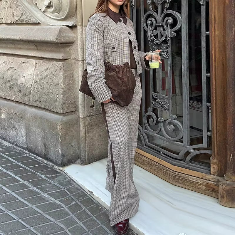 Casual Street Plaid Lapel Buttons Crop Jacket Short Pleated A-line Skirts Set