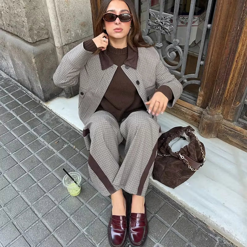 Casual Street Plaid Lapel Buttons Crop Jacket Short Pleated A-line Skirts Set