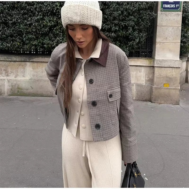 Casual Street Plaid Lapel Buttons Crop Jacket Short Pleated A-line Skirts Set
