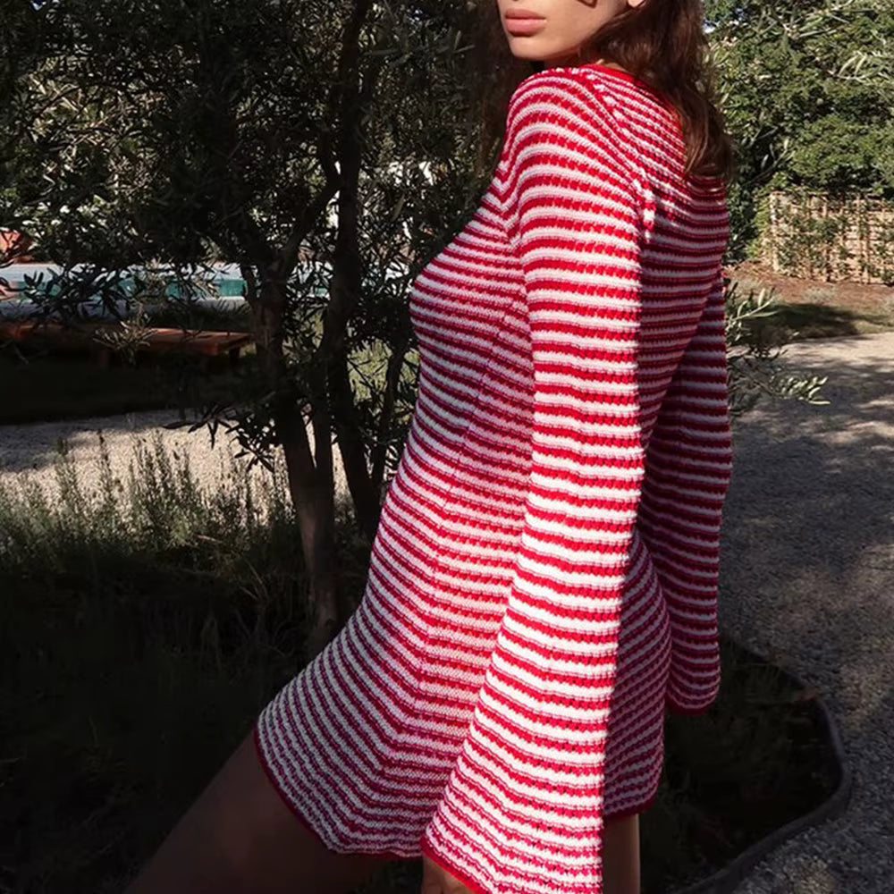 Casual Stripe Long Sleeve Crew Neck Above Knee Mini Dresses