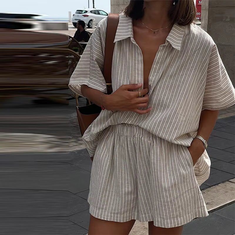 Casual Stripe Single Breasted Half Sleeve Shirts And Shorts Loose 2 Piece Set