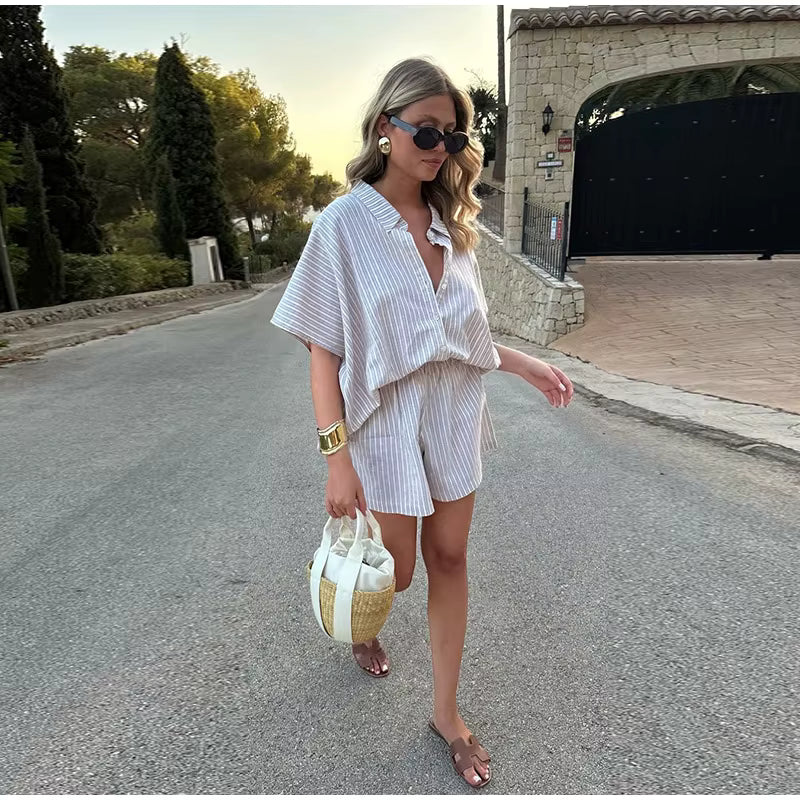 Casual Stripe Single Breasted Half Sleeve Shirts And Shorts Loose 2 Piece Set