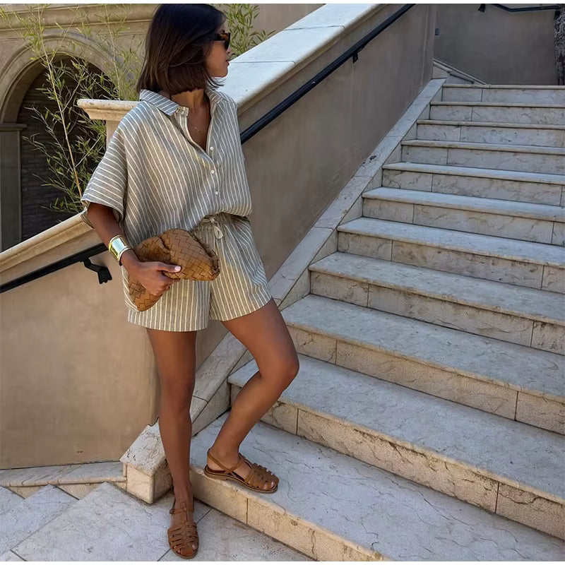 Casual Stripe Single Breasted Half Sleeve Shirts And Shorts Loose 2 Piece Set