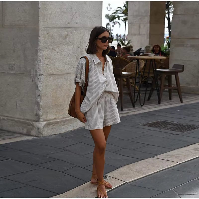Casual Stripe Single Breasted Half Sleeve Shirts And Shorts Loose 2 Piece Set