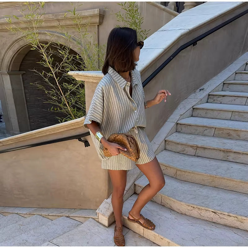Casual Stripe Single Breasted Half Sleeve Shirts And Shorts Loose 2 Piece Set