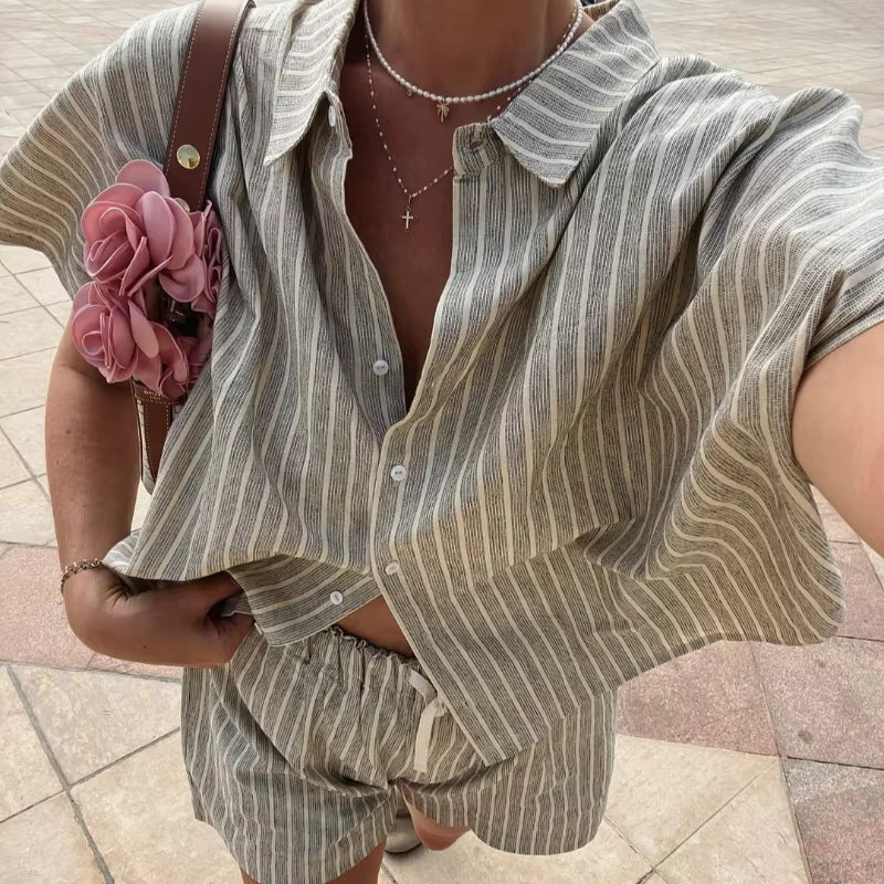 Casual Stripe Single Breasted Half Sleeve Shirts And Shorts Loose 2 Piece Set
