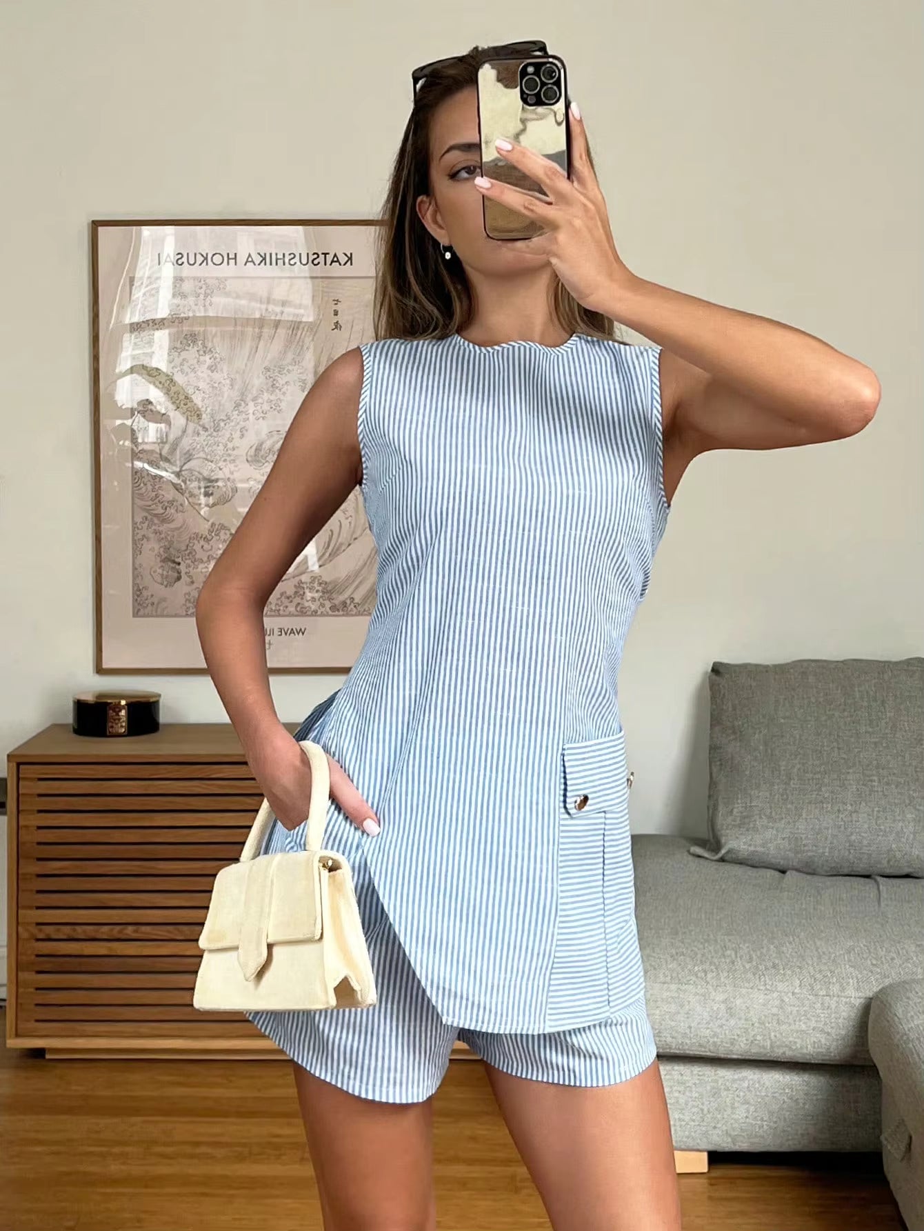 Casual Striped Office Lady Irregular Shorts And Top 2 Piece Set