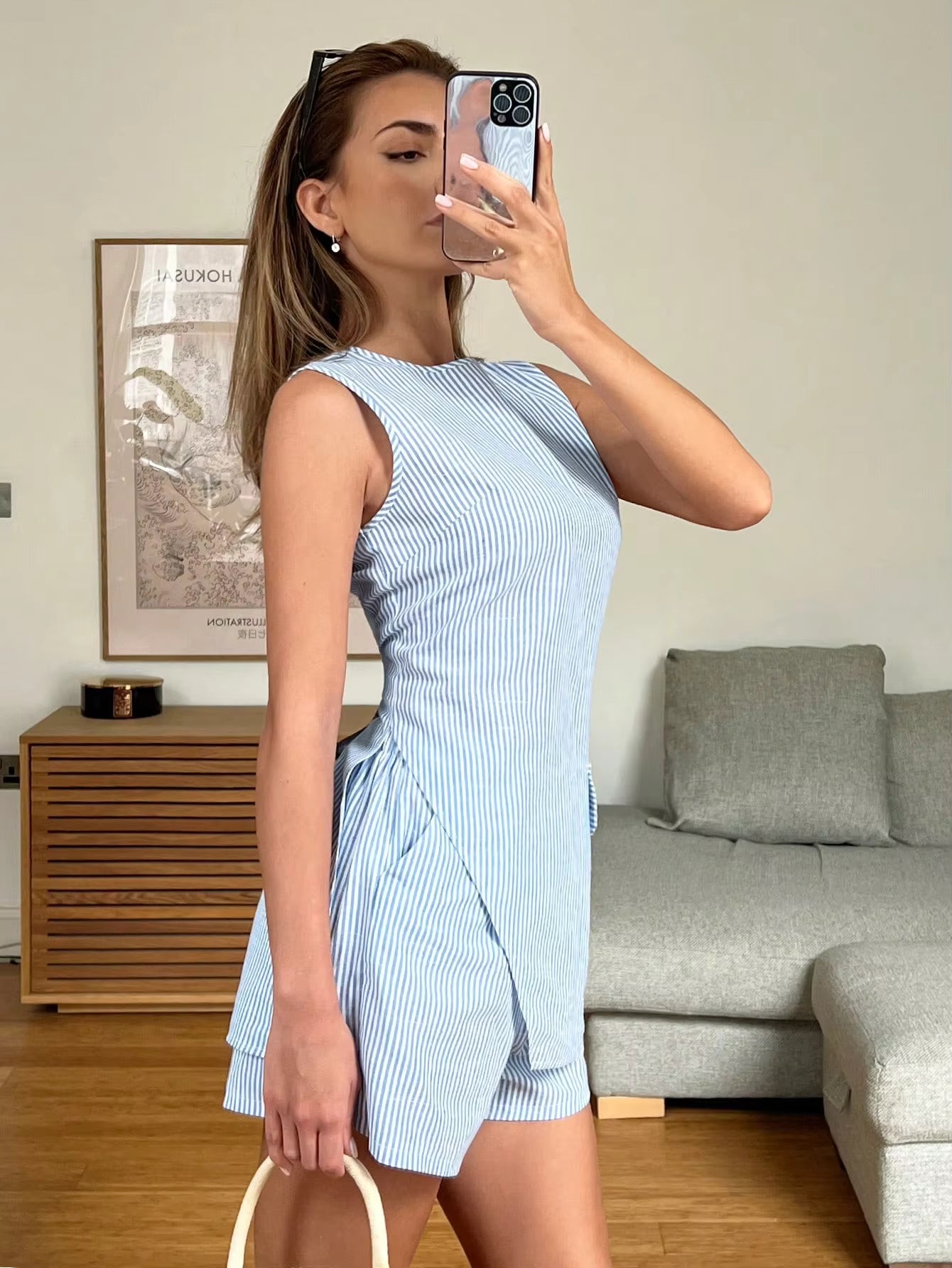 Casual Striped Office Lady Irregular Shorts And Top 2 Piece Set