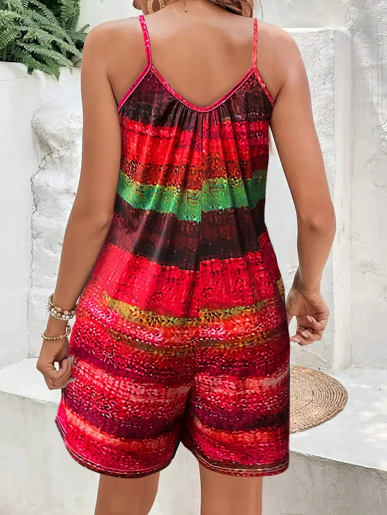 Casual Striped Pockets Drawing Printed Jumpsuit